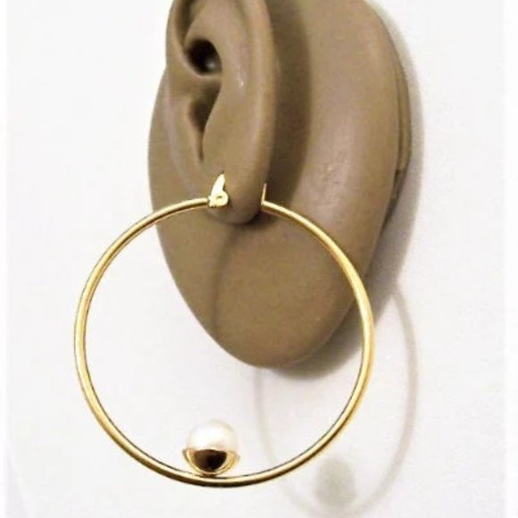 Single Pearl Hoops Pierced Stud Earrings Gold Vintage 50mm - Picture 5 of 6